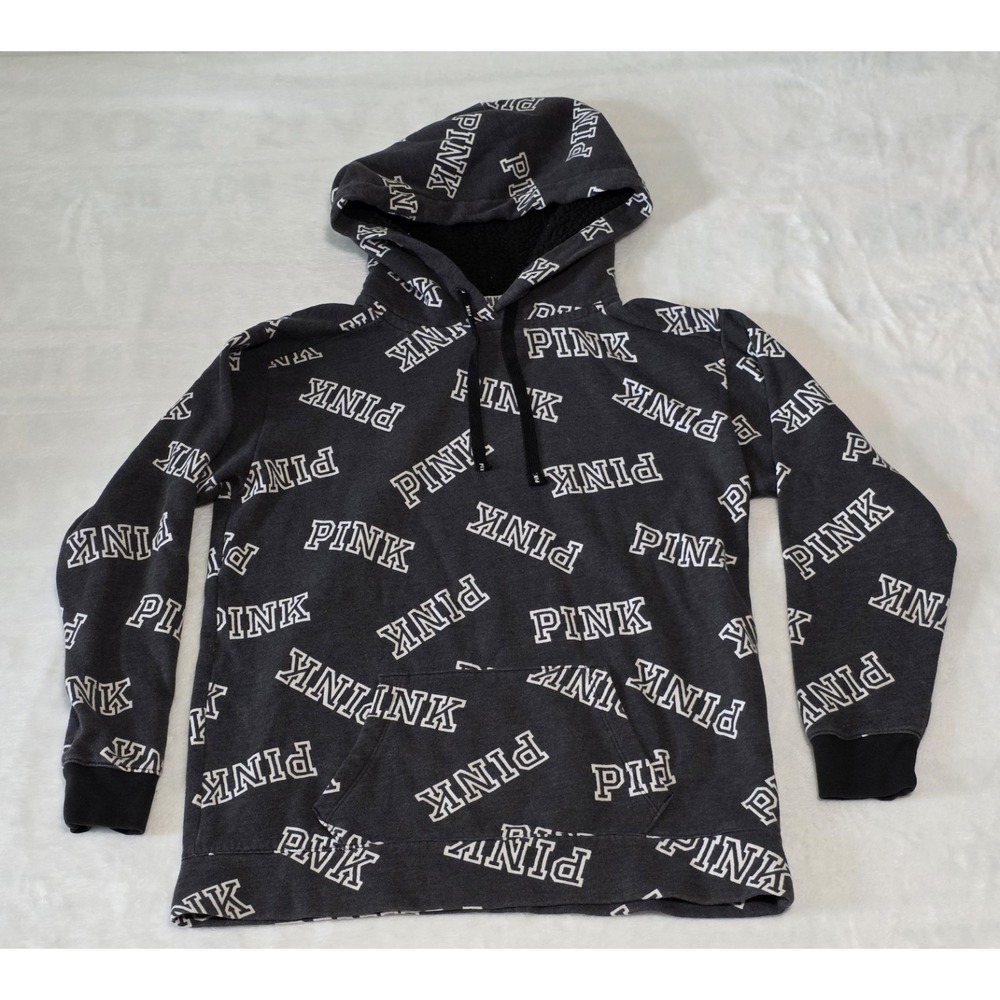 Victoria's Secret PINK Womens XS Campus pullover hoodie spellout sherpa hood - Picture 2 of 8